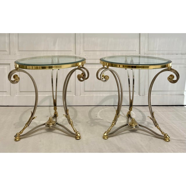 Maison Jansen Attributed Neoclassical Brushed Steel and Brass Side Table For Sale - Image 11 of 12