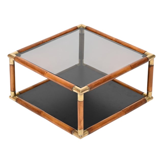 Bamboo, Brass and Smoked Glass Coffee Table in the style of Gabriella Crespi, Italy, 1970s For Sale