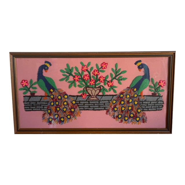 Vintage Hand-Stitched Peacock Pair in Front of Pink Flowers - Loop Embroidery Framed Under Glass For Sale