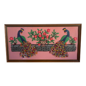 Vintage Hand-Stitched Peacock Pair in Front of Pink Flowers - Loop Embroidery Framed Under Glass