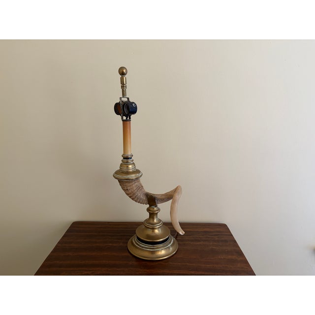 Brass 1970s Faux Ram’s Horn & Brass Table Lamp in the English Country House Style For Sale - Image 8 of 12