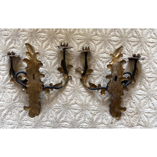 Pair of Vintage Chinoiserie Figural Gilt Metal Candle Wall Sconces For Sale - Image 12 of 12