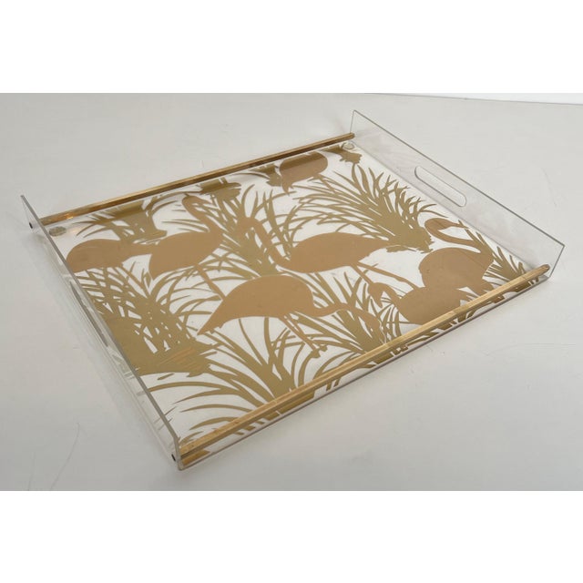 Plastic Pair of Lucite and brass trays decorated with gilded birds For Sale - Image 7 of 12