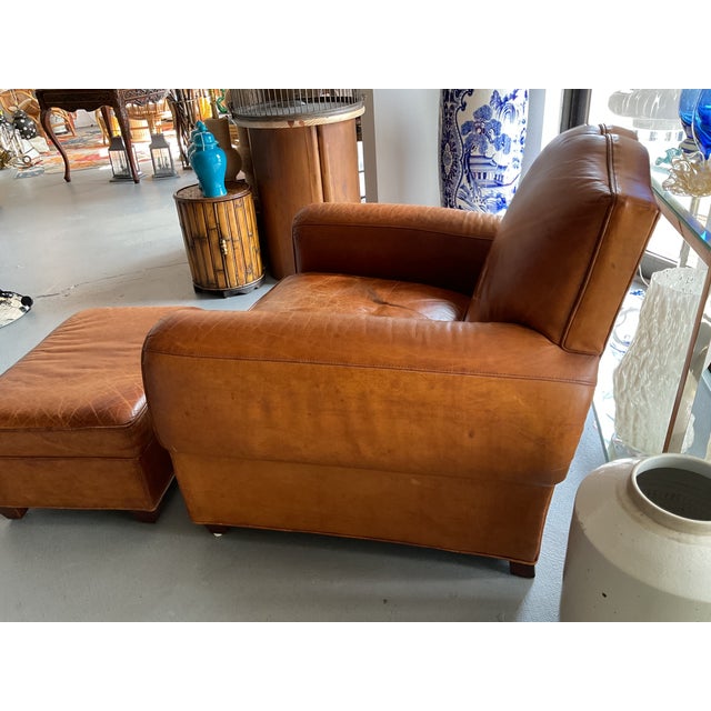 1980s Vintage Vanguard Leather Club Chairs With Ottoman For Sale - Image 5 of 7