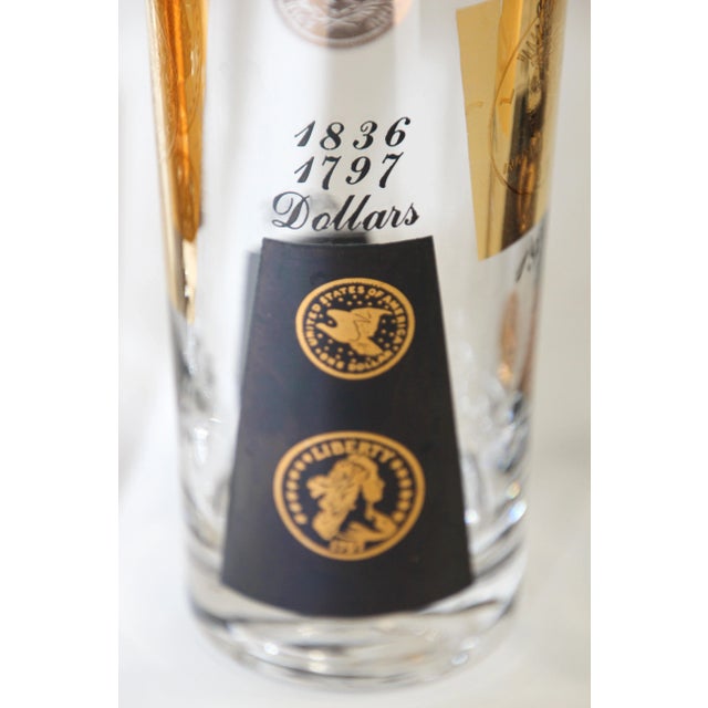 Midcentury vintage set of 6 pieces highball glasses 1960s gold printed presidential coins. Set of 6 Cera 22-karat gold...