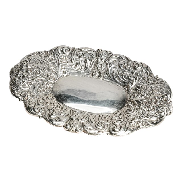 Stunning Ornate Floral Repoussé Antique Gorham Sterling Silver Jewelry Tray Vanity Catchall Luxury For Sale