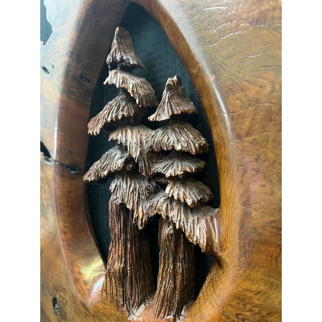 Cabin 1980s Large Redwood Burl Live Edge Slab With 2 Carved Trees Wall Hanging Sculpture For Sale - Image 3 of 12