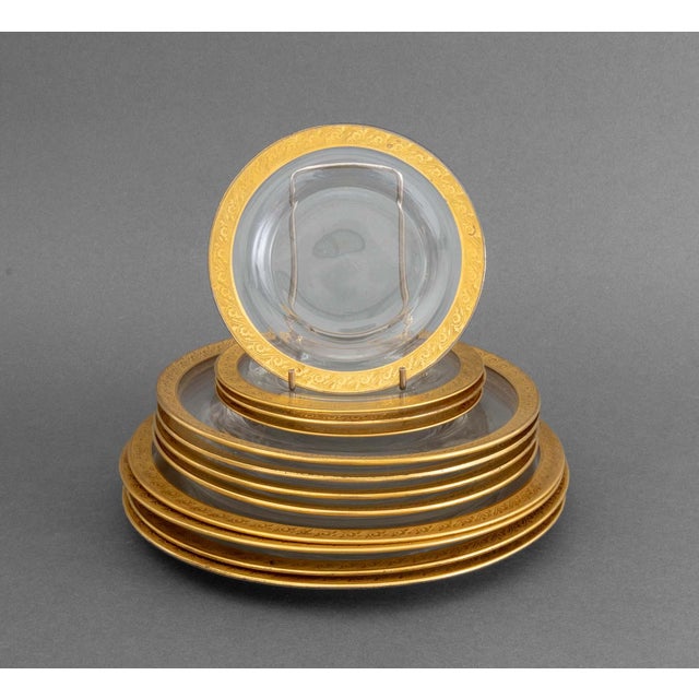 Set of Twelve Modern Gilt Encrusted Glass Plates, comprising: (4) four bread plates, (4) four dessert plates, and (4) four...