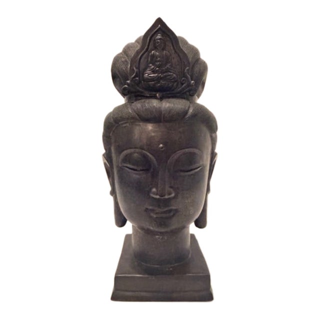 Large 19th Century Bronze Buddha Head For Sale