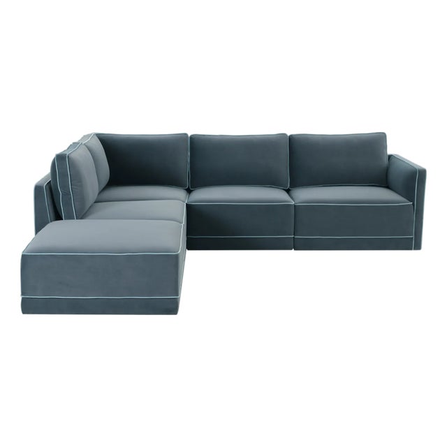 Wood Willow Misty Blue with Pale Blue Piping Modular 5-Piece Performance Velvet LAF Sectional For Sale - Image 7 of 7