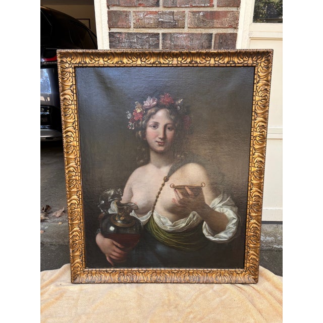 17th Century Framed Oil Painting Italian School Female With Garland of Flowers With Ewer and Cup For Sale - Image 14 of 14