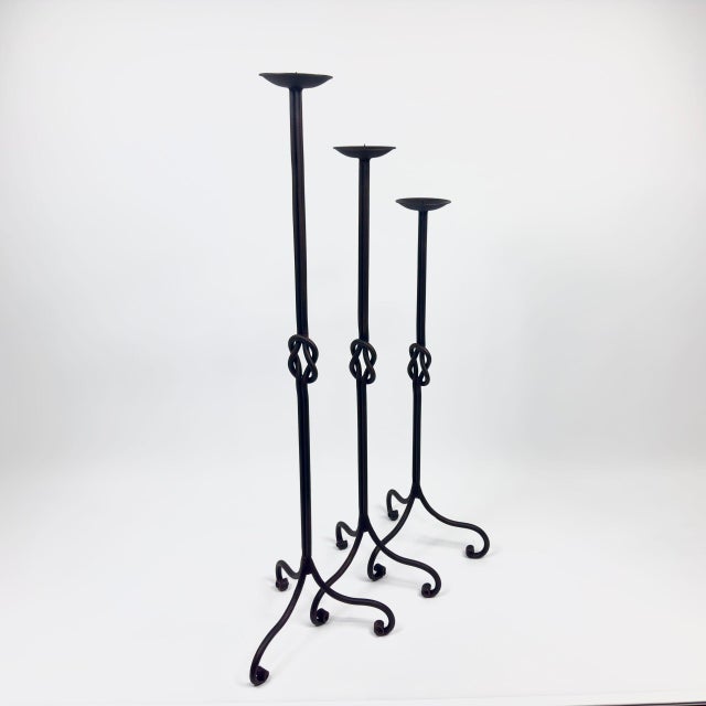 Black Hand Forged Iron Candelabra Set of 3 (78-98cm) Antique Copper Double Stem with Hercules Knot Detail For Sale - Image 8 of 9