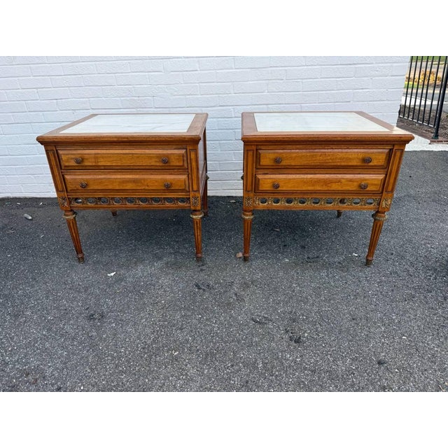 Pair of Vintage French Provincial Louis XVI Style Marble Top 2 Drawer Side Tables by Gordon's Inc. Marble top is removable...