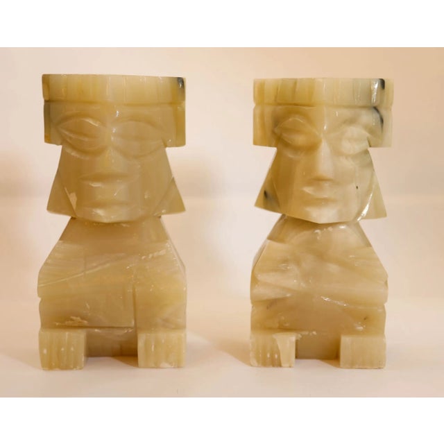 Vintage Carved Mexican Aztec Mayan Figure Onyx Stone Bookends 1950s For Sale - Image 11 of 12