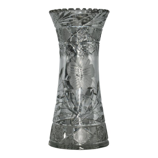 Antique Brilliant Heavy Hand Cut Lead Crystal Vase For Sale