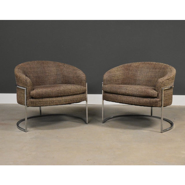 1970s Milo Baughman Style Barrel Back Chrome Lounge Chairs - A Pair For Sale - Image 5 of 10