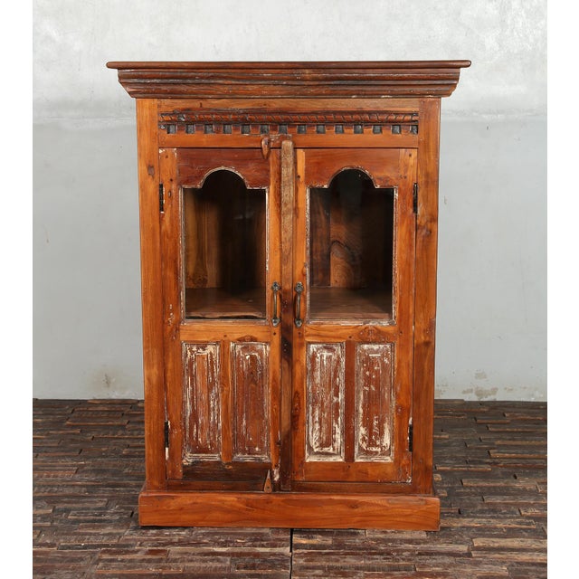Farmhouse Solid Reclaimed Hand Carved Teak & Glass Cabinet, 2 Doors For Sale - Image 3 of 7