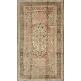 Vintage Turkish Oushak Rug With Faint Salmon Field and Floral Motifs 7'4 X 12'5 For Sale