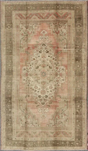 Vintage Turkish Oushak Rug With Faint Salmon Field and Floral Motifs 7'4 X 12'5