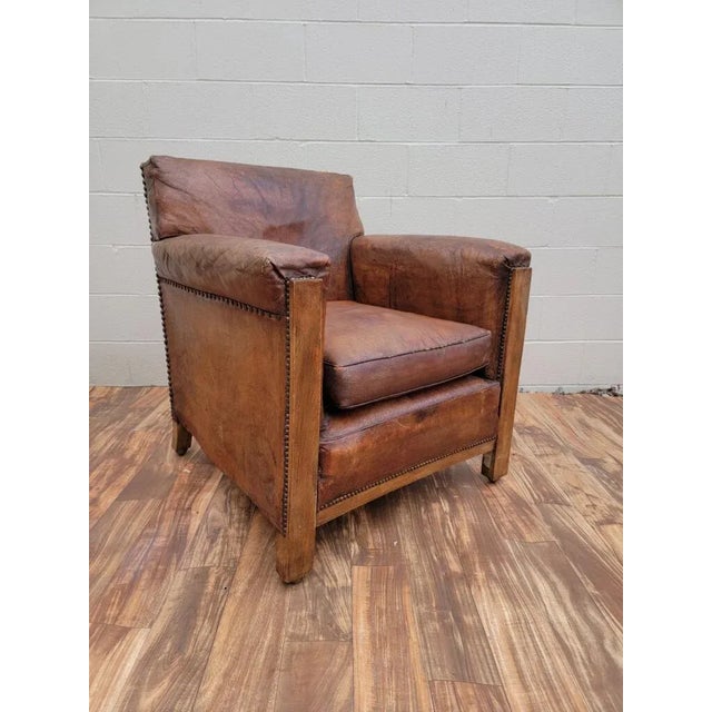 Brown Vintage French Art Deco Distressed Brown Leather Club Chair For Sale - Image 8 of 10