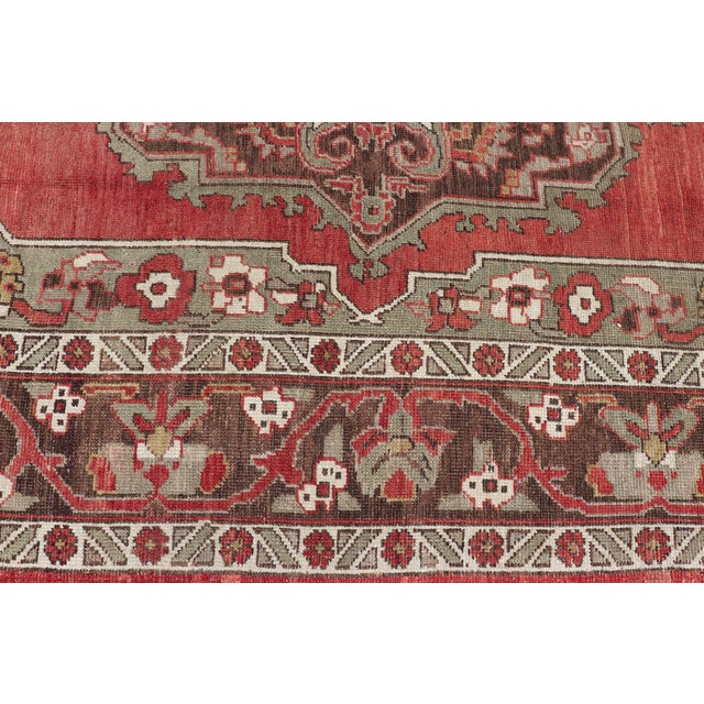 Antique Turkish Oushak Rug With Medallion in Soft Red, Light Green & Brown For Sale - Image 11 of 16