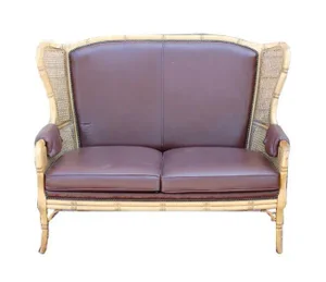 French Chippendale Faux Bamboo Brown Leather Wingback Settee