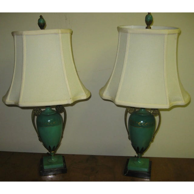 Green French Art Deco Green Tole Lamps - A Pair For Sale - Image 8 of 8