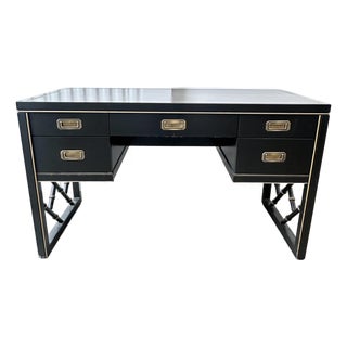 Vintage Sligh Furniture Black Lacquer Campaign Desk With Gold-Tooled Leather Top & Faux Bamboo Base For Sale