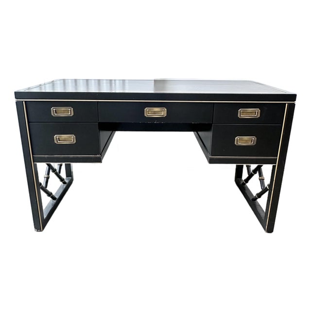 Vintage Sligh Furniture Black Lacquer Campaign Desk With Gold-Tooled Leather Top & Faux Bamboo Base For Sale