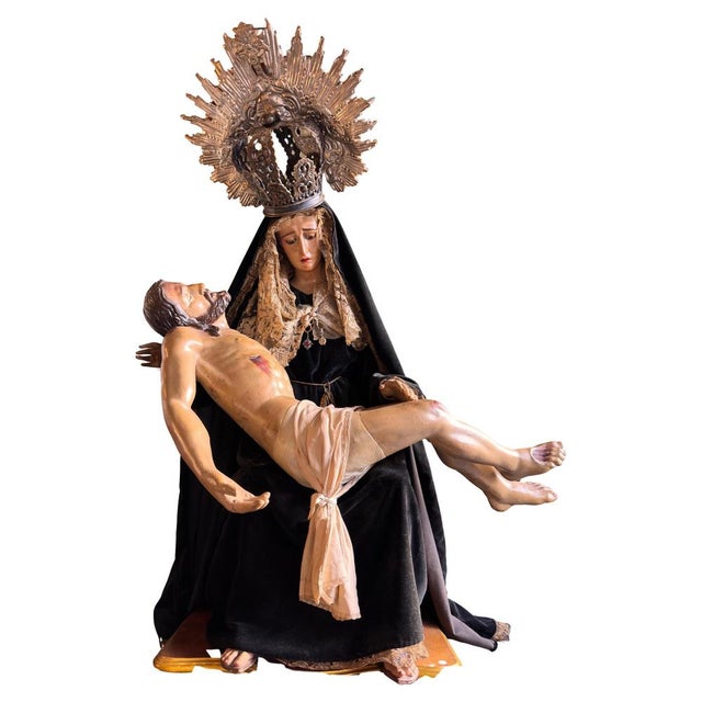 Spanish Baroque Pietà in Polychrome Wood with Silver Crown, 18th Century For Sale - Image 11 of 11