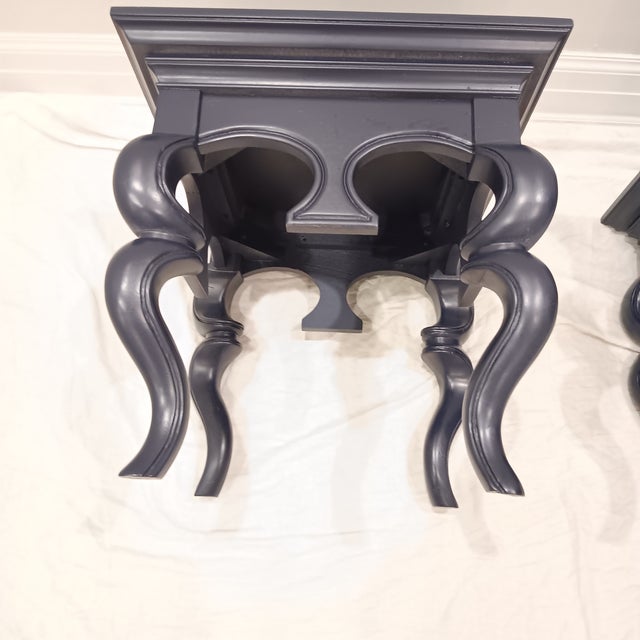 Late 19th Century Mid Century Modern/Hollywood Regency/French Provincial Solid Wood Navy Blue End Table - A Pair For Sale - Image 5 of 18