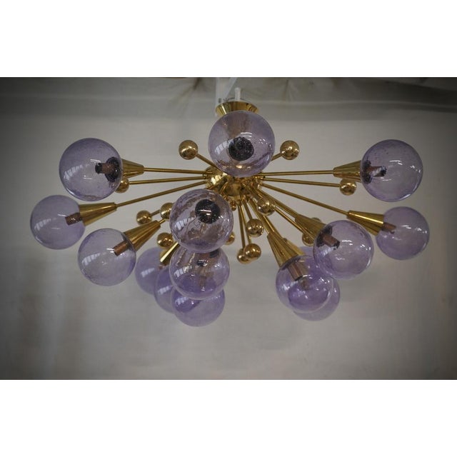 Metal Mid-Century Murano Periwinkle Art Glass and Brass Chandelier and Pendant For Sale - Image 7 of 9