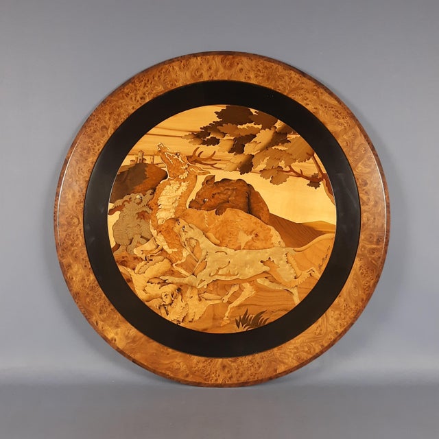 Brown Large Vintage Round Inlaid Wood Deer Painting, Italy, 1960s For Sale - Image 8 of 12