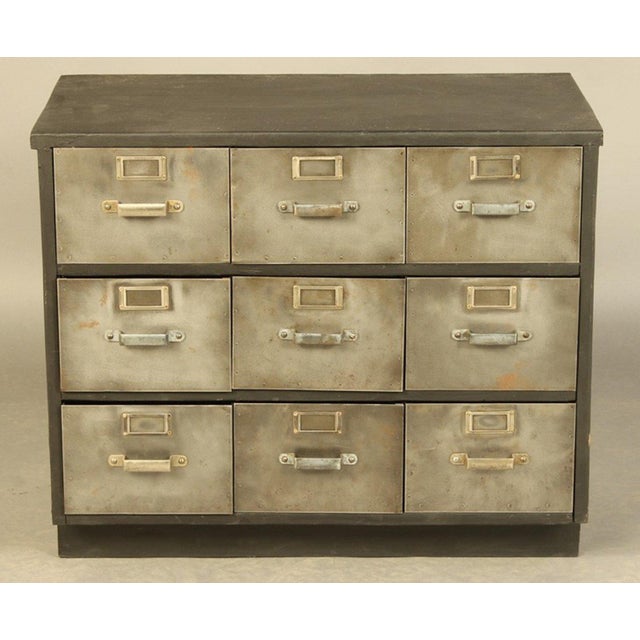 Industrial Metal And Wood Nine Drawer Filing Cabinets A Pair