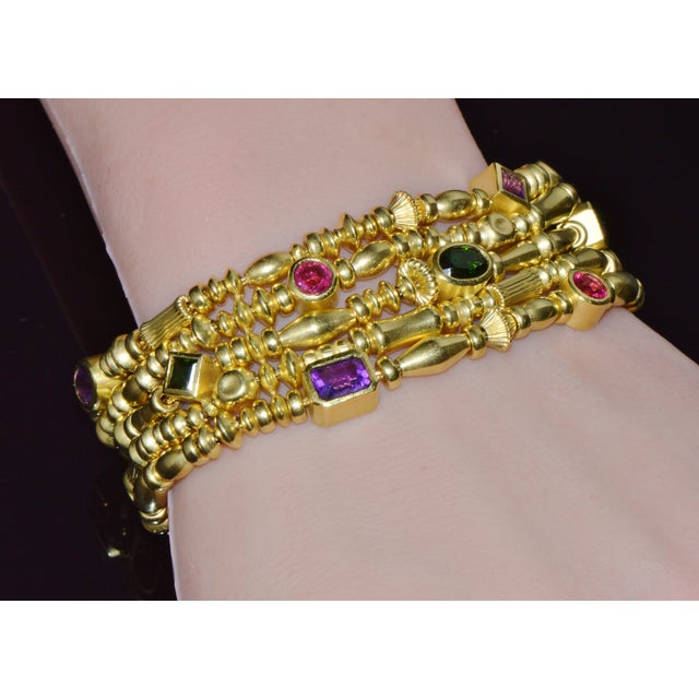 Designer Seidengang Natural Tourmaline Amethst Garnet 18k Solid Gold Multi-Strand Beaded Bracelet For Sale - Image 10 of 14