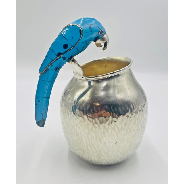 1960s Los Fajardo Silver-Plated Pitcher With Blue Stone Inlaid Parrot Handle, Mexico For Sale - Image 10 of 17