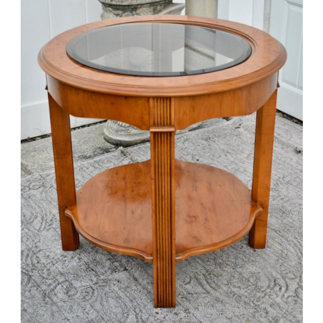 Drexel Heritage Yew Wood End Table Vintage Regency Burl Round Side Glass Top 24” For Sale - Image 11 of 13