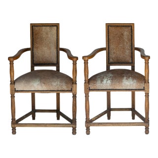 Vintage Textured Leather & Wood Chairs- a Pair For Sale