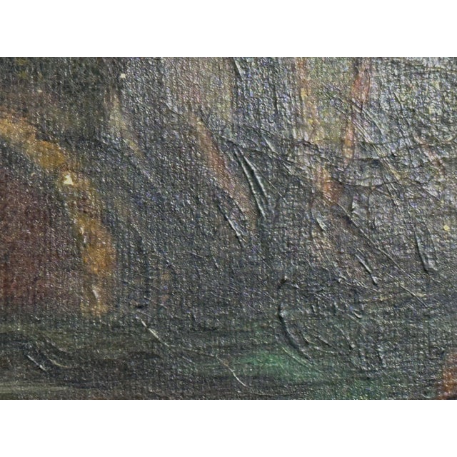 Antique Folk Art Oil Painting Scenic Church Bridge Setting, artist signed & dated For Sale - Image 9 of 10