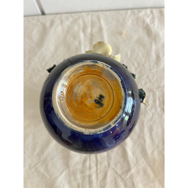 Blue Antique French Barbotine Majolica Vase Applied Rose Vase For Sale - Image 8 of 9