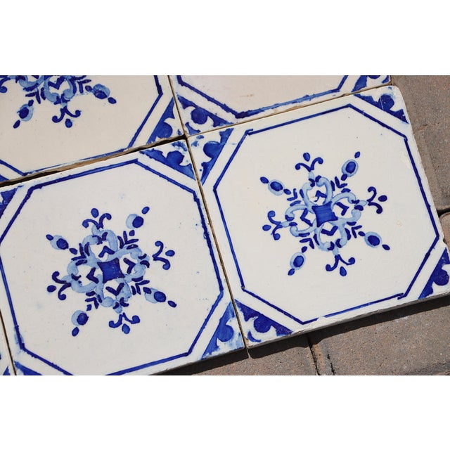 Antique 1920s Portuguese Ceramic Tiles With Stylized Art Deco Rosette Motif Set of 14 For Sale - Image 11 of 18