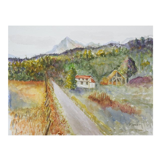 Late 20th Century Mountain Valley Homestead Farm Watercolor Painting For Sale