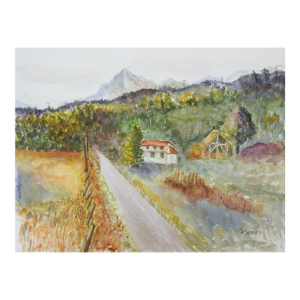 Late 20th Century Mountain Valley Homestead Farm Watercolor Painting