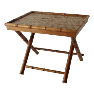 Vintage French Style Handcrafted Rectangle Bamboo Serving Folding Table Center Table X-Base Mid-Century For Sale
