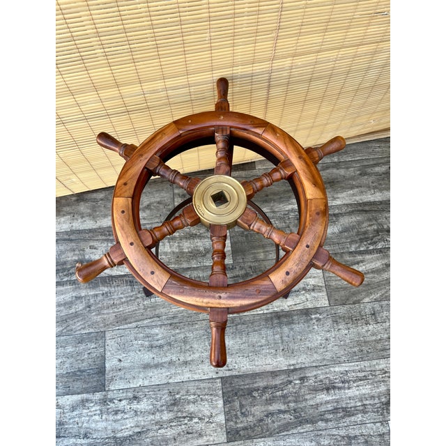 A Pair of Vintage Handcrafted Ship's Wheel Glass Top Side Tables. Circa 1970s For Sale - Image 15 of 18