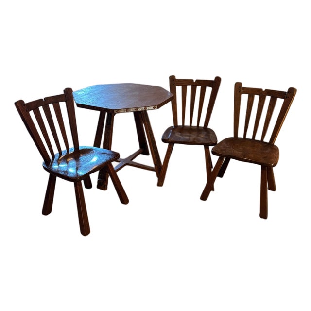 Early 20th Century Antique Solid Oak Wood Octagonal Shaped Dining Table With Three Chairs For Sale