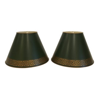 Green Tole Painted Metal With Greek Key Border Lampshades - a Pair For Sale