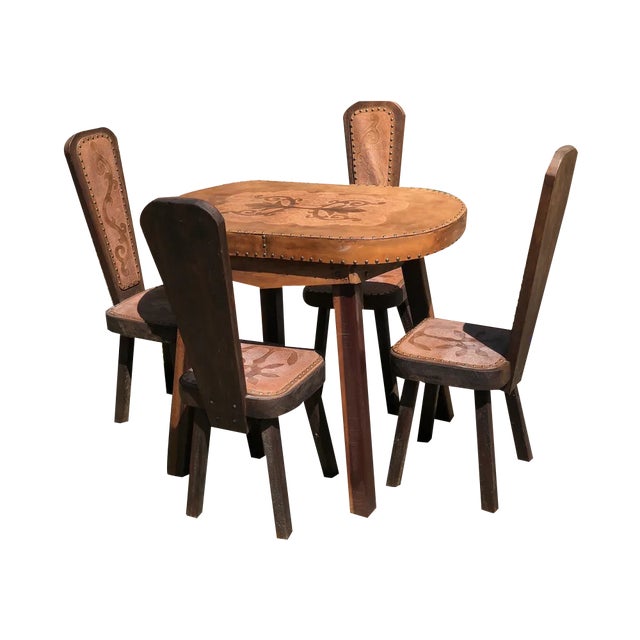 Brutalist Leather Dining Table & Chairs, 1960s, Set of 5 For Sale