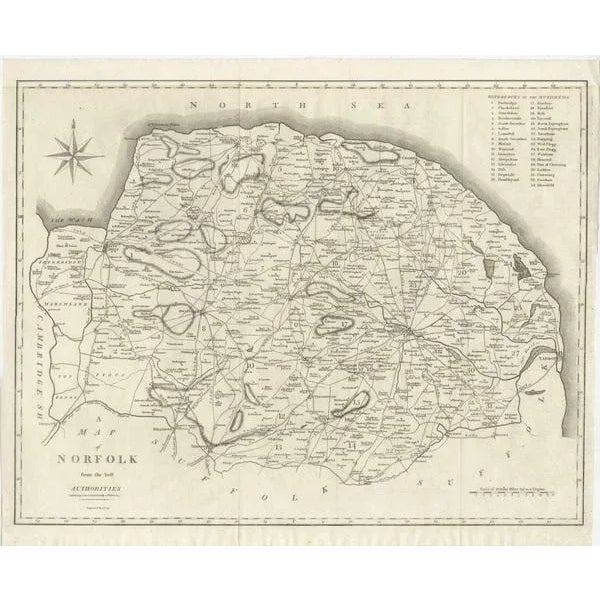 Antique map titled 'A Map of Norfolk from the best Authorities'. Original old county map of Norfolk, England. Engraved by...