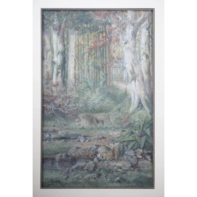 Traditional Henri Langerock Belgium Watercolor 'Prowling Lion in the Jungle' For Sale - Image 3 of 5